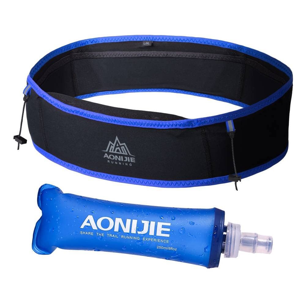 AONIJIE Running Belt Fanny Pack with 250ml Soft Water Bottle Flask for Women Men, Moisture Wicking Waist Pack Great for Marathon Climbing Jogging Cycling, for 6.8in Mobile Phone (Black Blue: L/XL)