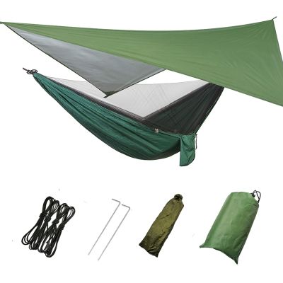 Camping Hammock, Double & Single Portable Hammock with Tree Straps, Lightweight Nylon Hammock Swing Set with Net and Rain Fly Tarp and Pocket for Backpacking Hiking Travel Outdoor(Green+Green)