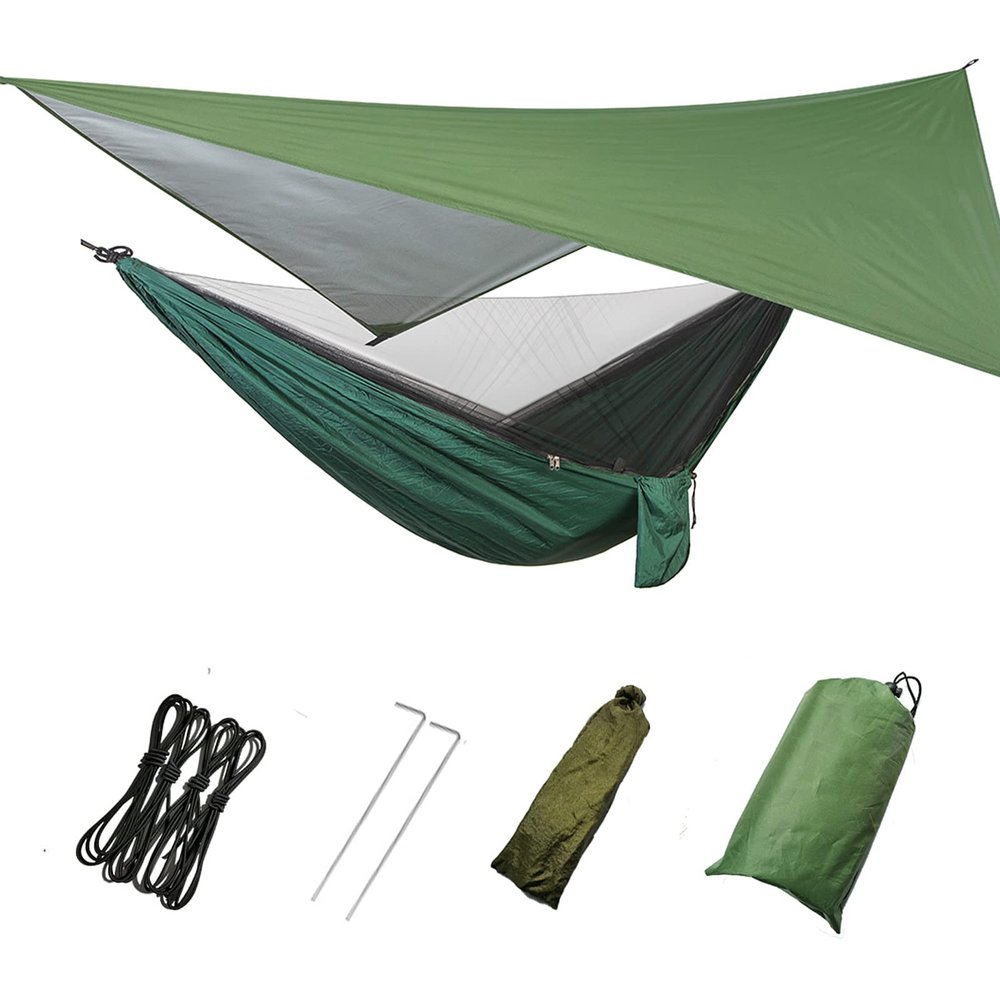 Camping Hammock, Double & Single Portable Hammock with Tree Straps, Lightweight Nylon Hammock Swing Set with Net and Rain Fly Tarp and Pocket for Backpacking Hiking Travel Outdoor(Green+Green)