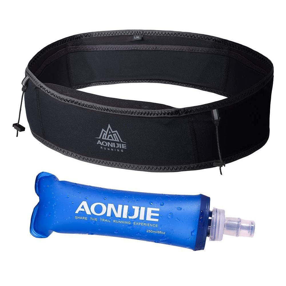 AONIJIE Running Belt Fanny Pack with 250ml Soft Water Bottle Flask for Women Men, Moisture Wicking Waist Pack Great for Marathon Climbing Jogging Cycling, for 6.8in Mobile Phone (Full Black: L/XL)