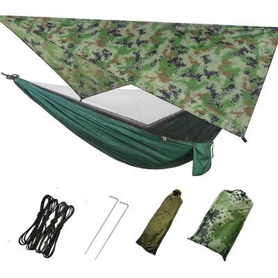Camping Hammock, Double & Single Portable Hammock with Tree Straps, Lightweight Nylon Hammock Swing Set with Net and Rain Fly Tarp and Pocket for Backpacking Hiking Travel Outdoor(Green+Camouflage)