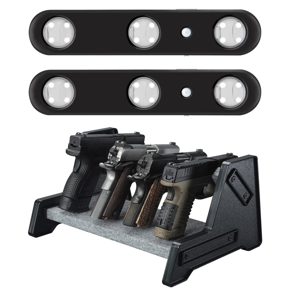 MIND&ACTION Deluxe Pistol Rack with 2 Pack Motion Sensitive LED Light for Gun Safes