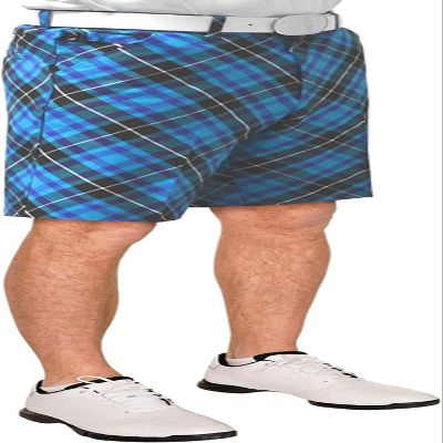 Royal & Awesome Blue Plaid Trews Mens Golf Shorts 36W, Crazy Shorts for Men with White Mens Golf Belt