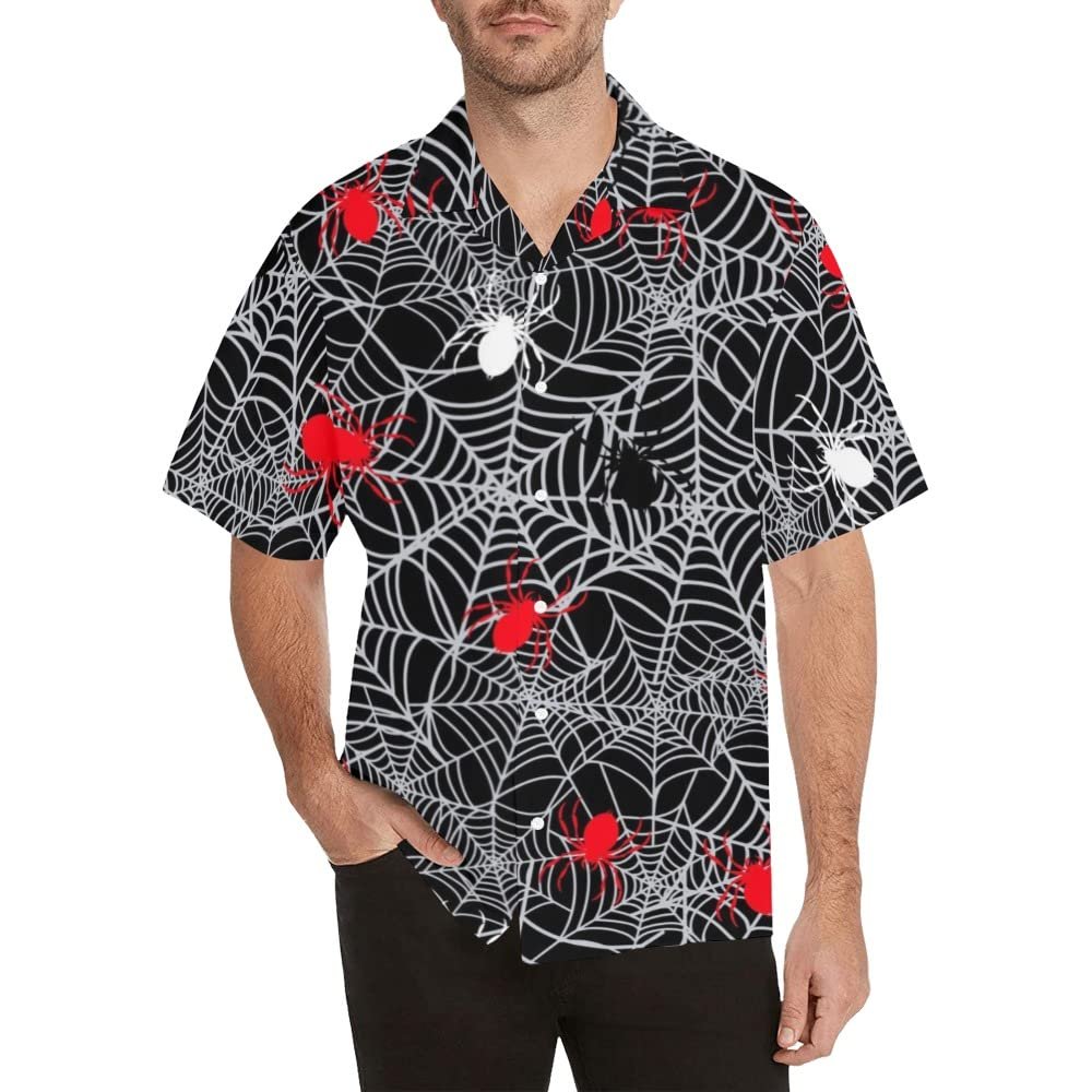 HUGLAZY Spider Halloween Shirt Funny Hawaiian Shirt Men Button Down Shirts Short Sleeve Party Outfit XL