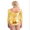 Sywiyi Women's Shiny Metallic Bodycon Bodysuit Long Sleeve Scoop Neck Gymnastics Leotard Dance Costume Gold Large view 4