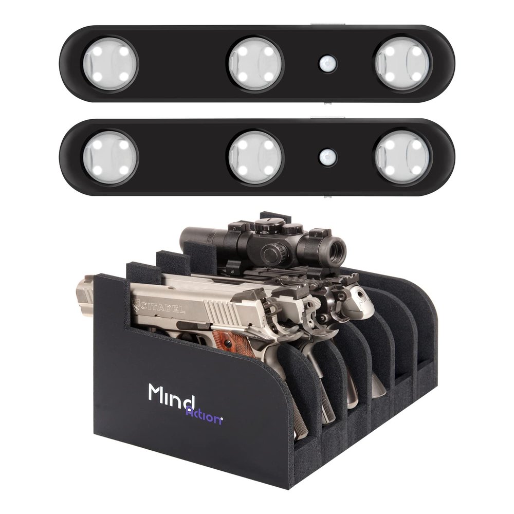 MIND&ACTION Foam Pistol Rack Handgun Holder (6 Holders) with Motion Sensitive LED Light (2 Pack) for Gun Safes