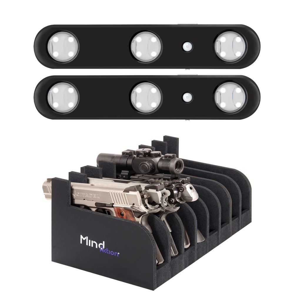 MIND&ACTION Foam Pistol Rack Handgun Holder (8 Holders) with Motion Sensitive LED Light (2 Pack) for Gun Safes
