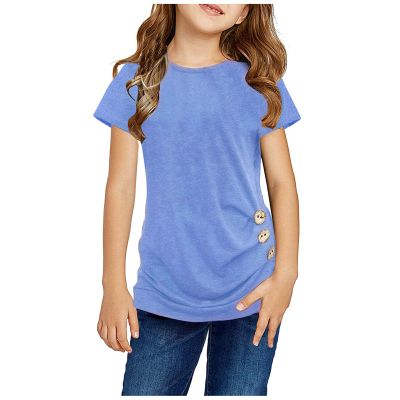 Tunic Front T-Shirt Kids Tee Tops Casual Short Blouse Button Girls Knot Sleeve Girls Tops Shirts 6X (Blue, 8-9 Years)