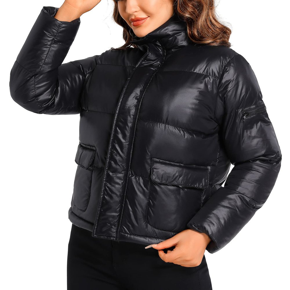 Hujoin Women's Quilted Shiny Padded Windproof Puffer Jacket with Baggy Pockets Bubble Coat Black XS