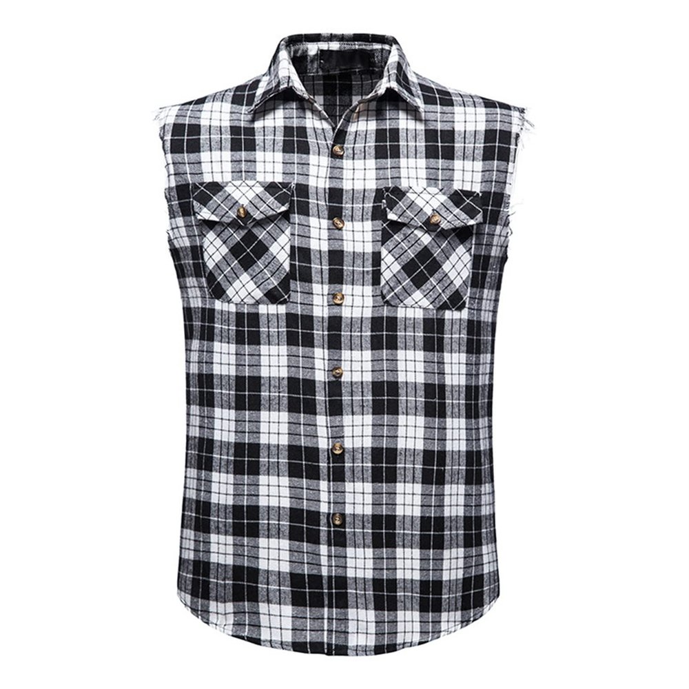 Men's Flannel Plaid Sleeveless Shirt Button Down Casual Check Vest Shirts Lightweight Slim Tank Tops with Pocket (White 1,XX-Large)