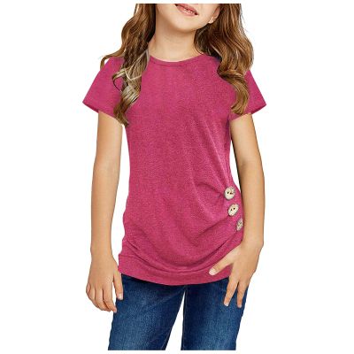 Tunic Front T-Shirt Kids Tee Tops Casual Short Blouse Button Girls Knot Sleeve Girls Tops Shirts (Hot Pink, 8-9 Years)