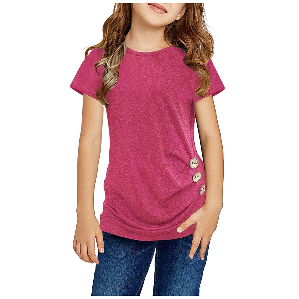 Tunic Front T-Shirt Kids Tee Tops Casual Short Blouse Button Girls Knot Sleeve Girls Tops Shirts (Hot Pink, 8-9 Years)