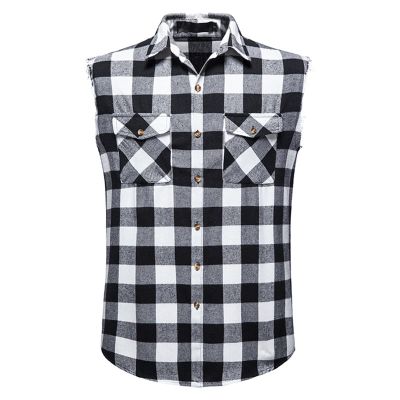 Men's Flannel Plaid Sleeveless Shirt Button Down Casual Check Vest Shirts Lightweight Slim Tank Tops with Pocket (White 2,X-Large)