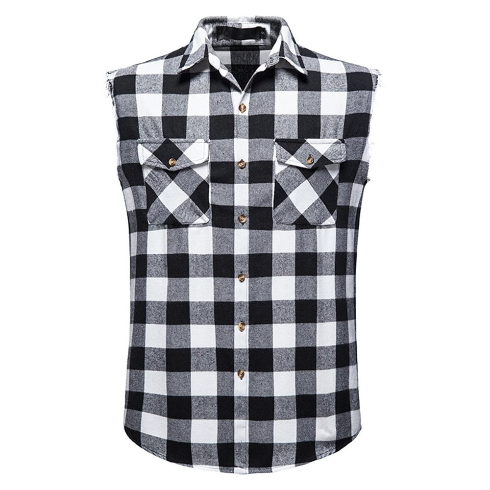 Men's Flannel Plaid Sleeveless Shirt Button Down Casual Check Vest Shirts Lightweight Slim Tank Tops with Pocket (White 2,X-Large)