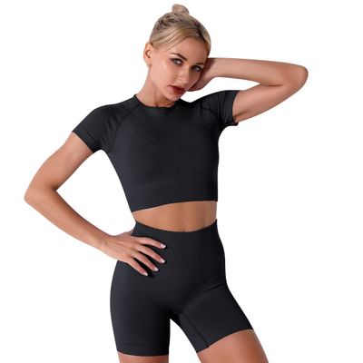 Black Workout Sets for Women: 2 Piece Yoga Outfit Tracksuits High Waisted Running Biker Shorts with Strap Sport Shirt Crop Top Exercise Running Clothes Athletic Gym Sets Matching Active Wear Large