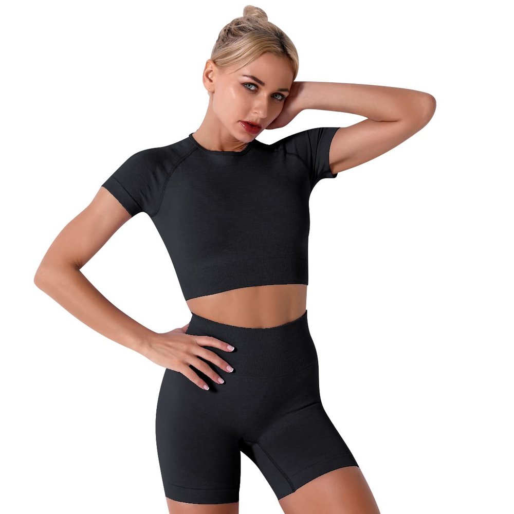 Black Workout Sets for Women: 2 Piece Yoga Outfit Tracksuits High Waisted Running Biker Shorts with Strap Sport Shirt Crop Top Exercise Running Clothes Athletic Gym Sets Matching Active Wear Large