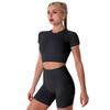 Black Workout Sets for Women: 2 Piece Yoga Outfit Tracksuits High Waisted Running Biker Shorts with Strap Sport Shirt Crop Top Exercise Running Clothes Athletic Gym Sets Matching Active Wear Large view 2