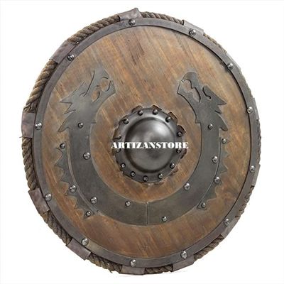 ARTIZANSTORE Medieval Wooden Viking Flying Dragon Armour Shield Antique Finish with Handles & Rope | Round Handcrafted Knight Steel Battle Reenactment Safety Shield
