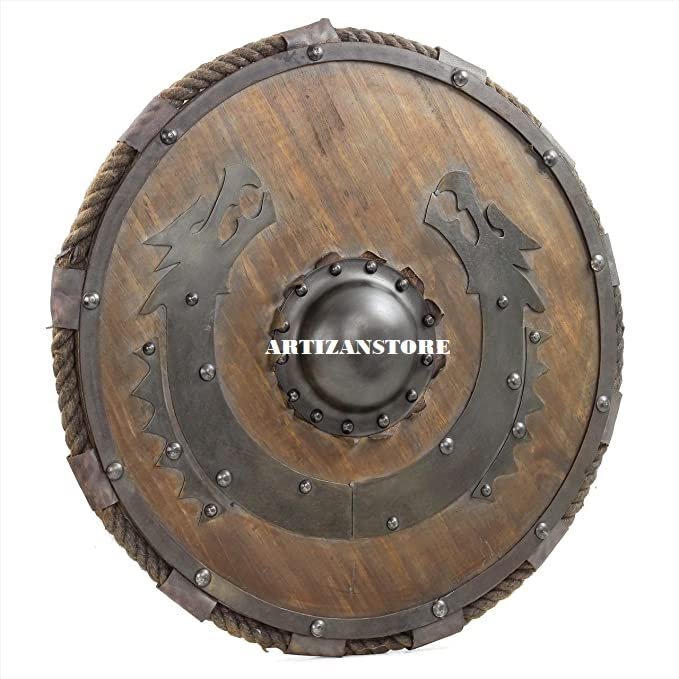 ARTIZANSTORE Medieval Wooden Viking Flying Dragon Armour Shield Antique Finish with Handles & Rope | Round Handcrafted Knight Steel Battle Reenactment Safety Shield