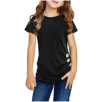 Tunic Front T-Shirt Kids Tee Tops Casual Short Blouse Button Girls Knot Sleeve Girls Tops Shirts 6X (Black, 4-5 Years)