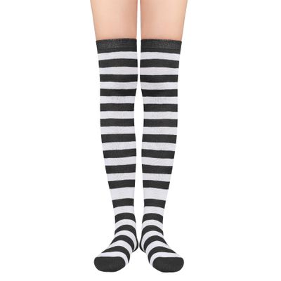 Zando Women's White Knee High Socks, Outdoor Striped, Opaque, Classic Long, Casual Tube, Black Thigh High, Elastic Leg Warmers, Halloween, Black White, One Size