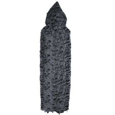 Black Hooded Cloak Full Length Halloween Cloak Spider Web Cape Ripped Ragged Long Robe for Witch Wizard Beggar Cosplay