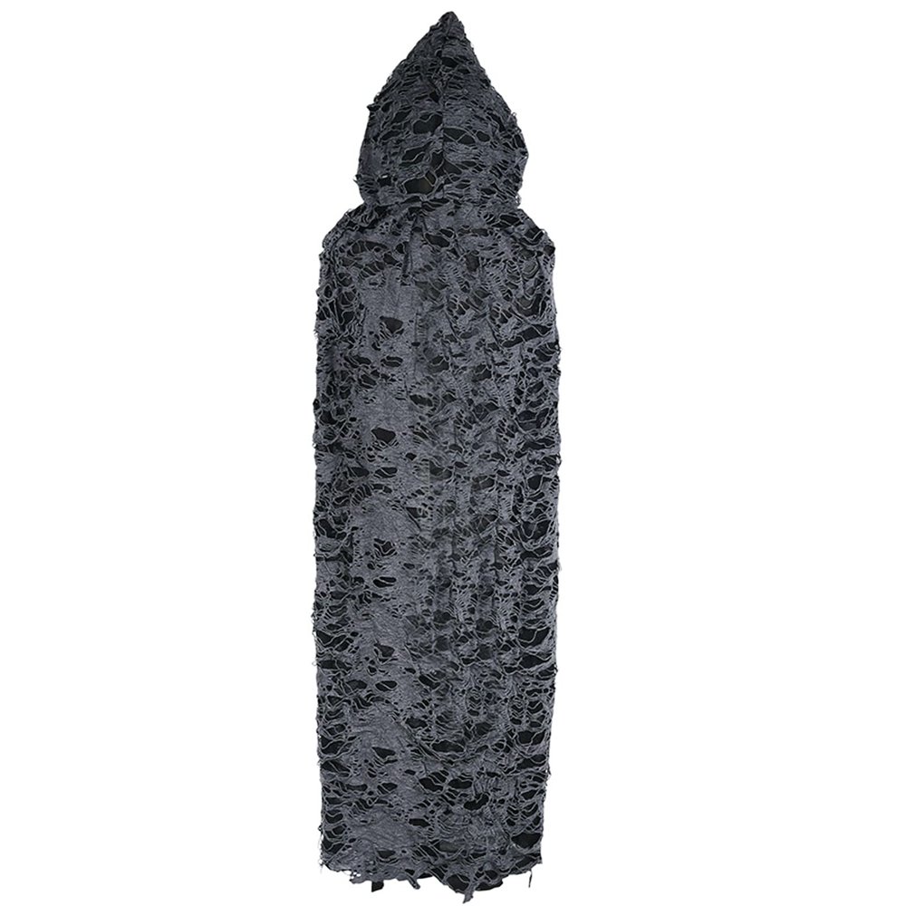 Black Hooded Cloak Full Length Halloween Cloak Spider Web Cape Ripped Ragged Long Robe for Witch Wizard Beggar Cosplay
