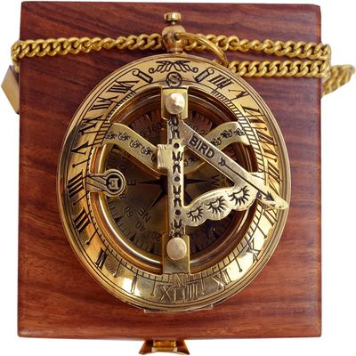 Brass Sundial Compass in Wooden Case - Nautical Gifts for Men, Antique Sailing Anniversary Gadget for Him - Brass Compass Gift for Men - Christmas & Holiday Collection Gift