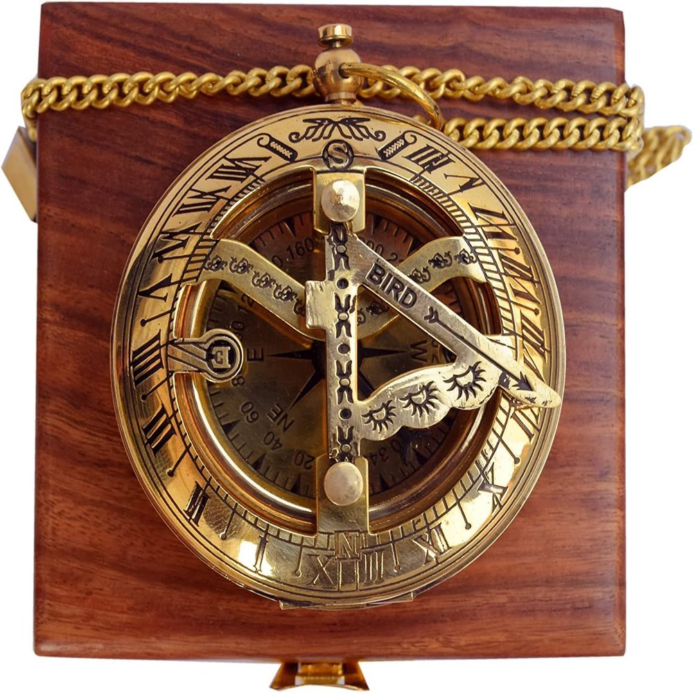 Brass Sundial Compass in Wooden Case - Nautical Gifts for Men, Antique Sailing Anniversary Gadget for Him - Brass Compass Gift for Men - Christmas & Holiday Collection Gift