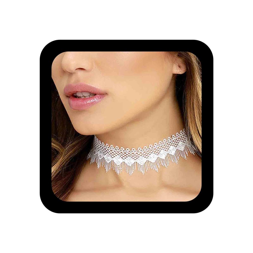 Allereyae Bohemia Hollow Lace Choker Necklace White Lace Fringe Necklace Gothic White Collar Necklace Punk Tattoo Choker Chain Necklace Chain Jewelry