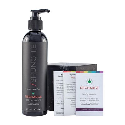 Modern M Shungite Recharge Organic Cleanser Body Wash with Living Water Kit for Natural Water Purification | Authentic Elite Shungite | Vegan, Non GMO, Not Tested on Animals, Handmade in USA