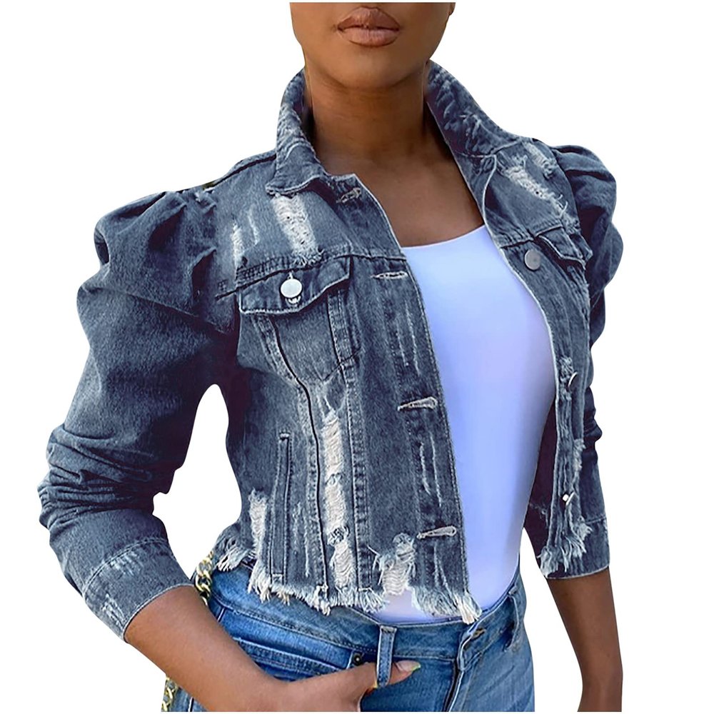 tuduoms Long Puff Sleeve Jean Jacket for Women Trendy Short Cropped Denim Jackets Retro Frayed Raw Hem Ripped Denim Crop Top