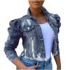 tuduoms Long Puff Sleeve Jean Jacket for Women Trendy Short Cropped Denim Jackets Retro Frayed Raw Hem Ripped Denim Crop Top view 1