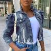 tuduoms Long Puff Sleeve Jean Jacket for Women Trendy Short Cropped Denim Jackets Retro Frayed Raw Hem Ripped Denim Crop Top view 2