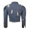 tuduoms Long Puff Sleeve Jean Jacket for Women Trendy Short Cropped Denim Jackets Retro Frayed Raw Hem Ripped Denim Crop Top view 3