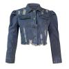 tuduoms Long Puff Sleeve Jean Jacket for Women Trendy Short Cropped Denim Jackets Retro Frayed Raw Hem Ripped Denim Crop Top view 4