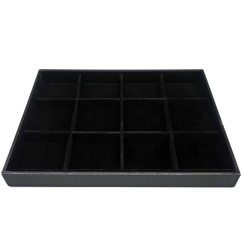 AIRZSNRY Large Velvet Jewelry Tray, Drawer Organizer for Jewelry in Dresser, Stackable Jewelry Drawer Organizer Inserts for Earring Necklace Bracelet Rings(Black,12grid)