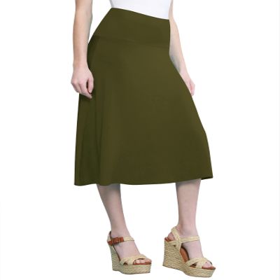 Come Together California CTC WB1105 Womens Lightweight Fold Over Flared Midi Skirt S Olive