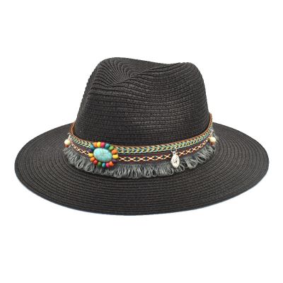 Adults Unisex Retro Western Cowboy Riding Hat Leather Belt Wide Cap Straw Hat Bucket Hats for Teens Girls Black