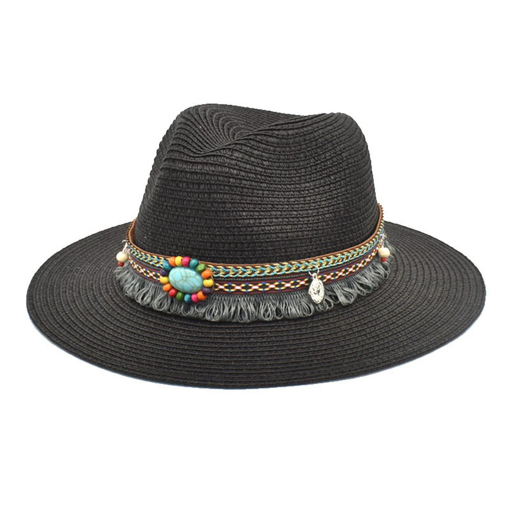 Adults Unisex Retro Western Cowboy Riding Hat Leather Belt Wide Cap Straw Hat Bucket Hats for Teens Girls Black