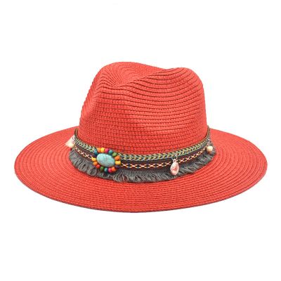 Adults Unisex Retro Western Cowboy Riding Hat Leather Belt Wide Cap Straw Hat Bucket Hats for Teens Girls Red