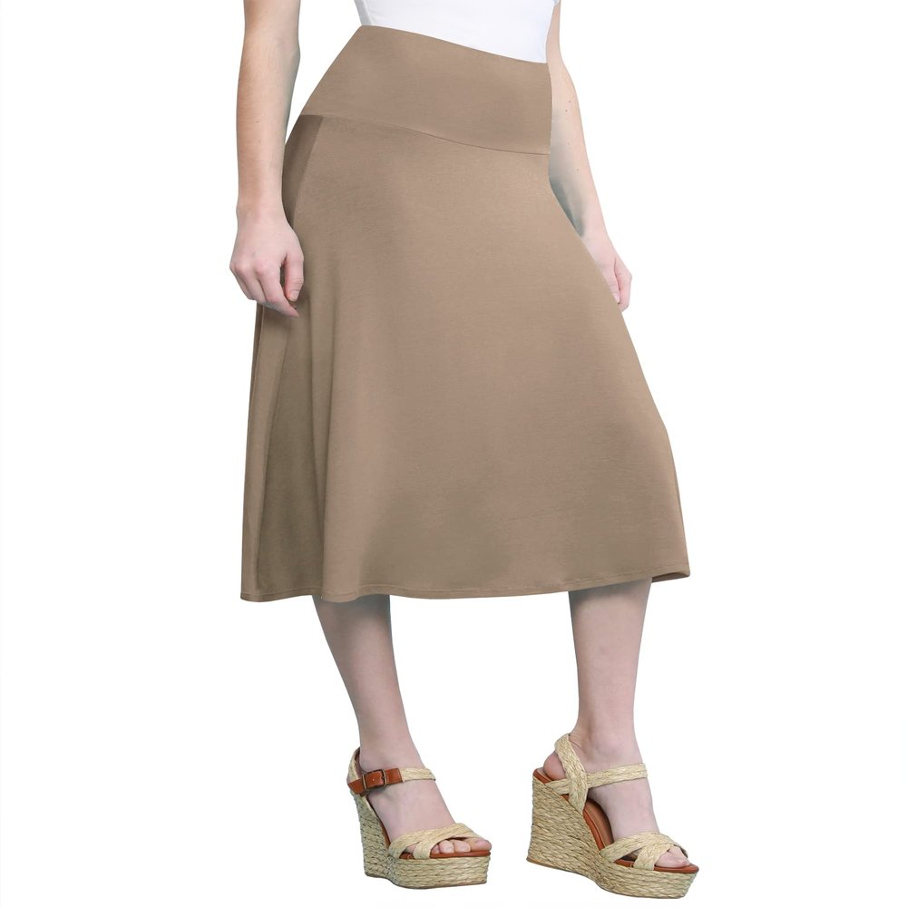 Come Together California CTC WB1105 Womens Lightweight Fold Over Flared Midi Skirt L Taupe
