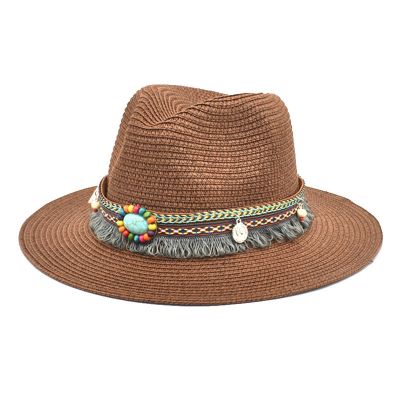 Adults Unisex Retro Western Cowboy Riding Hat Leather Belt Wide Cap Straw Hat Bucket Hats for Teens Girls Coffee