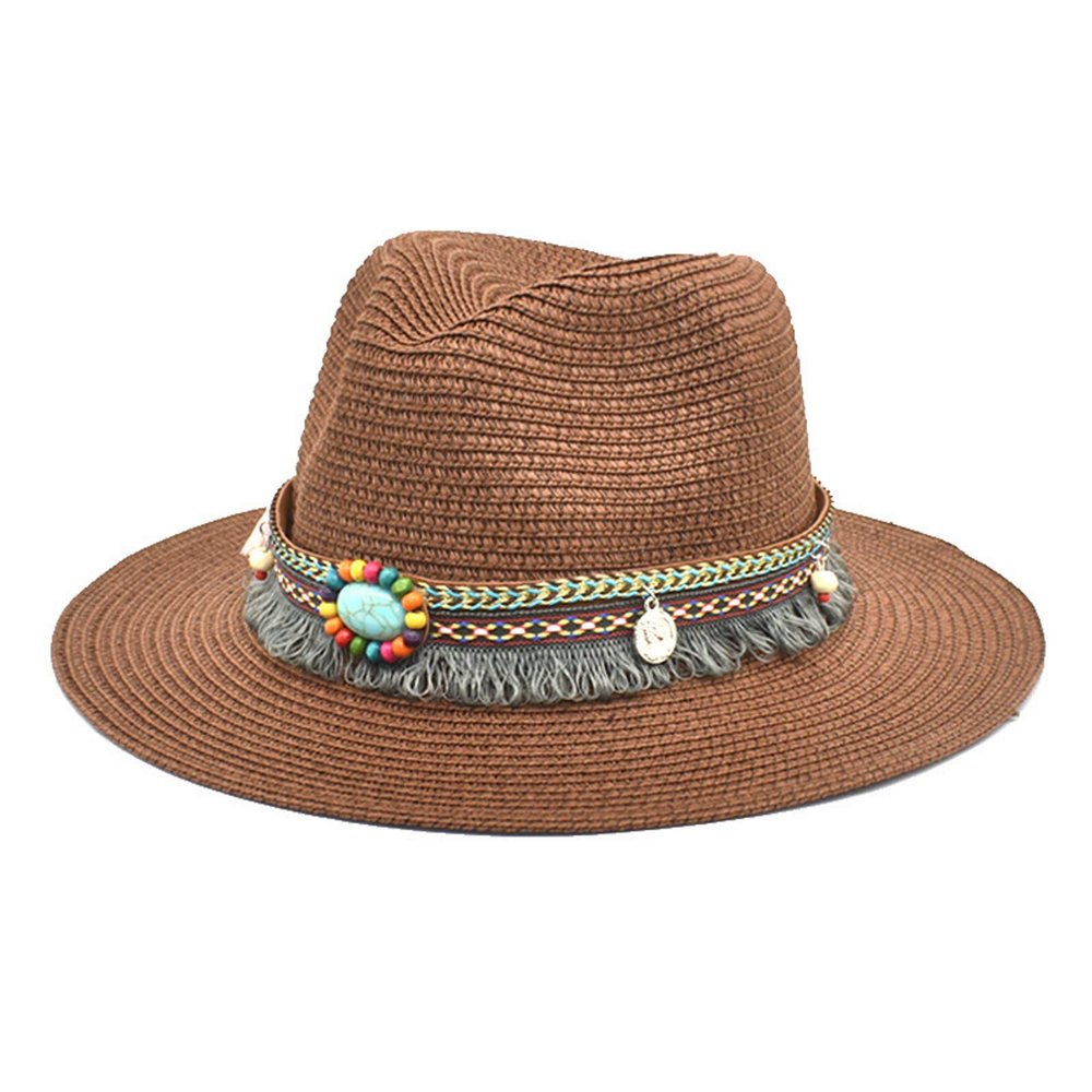 Adults Unisex Retro Western Cowboy Riding Hat Leather Belt Wide Cap Straw Hat Bucket Hats for Teens Girls Coffee