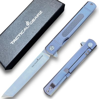 Titanium Pocket Knife for EDC, Solid Tc4 Titanium Handle, D2 Steel Tanto Blade, Includes Sheath (Tatsu ST Blue)