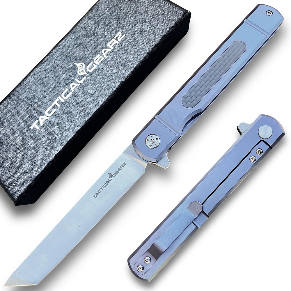 Titanium Pocket Knife for EDC, Solid Tc4 Titanium Handle, D2 Steel Tanto Blade, Includes Sheath (Tatsu ST Blue)