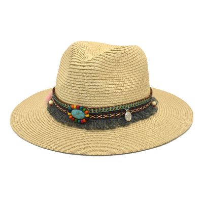 Adults Unisex Retro Western Cowboy Riding Hat Leather Belt Wide Cap Straw Hat Bucket Hats for Teens Girls Beige