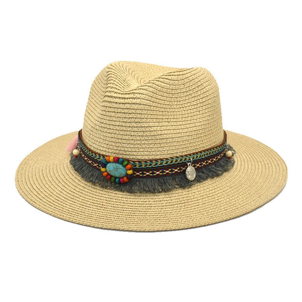 Adults Unisex Retro Western Cowboy Riding Hat Leather Belt Wide Cap Straw Hat Bucket Hats for Teens Girls Beige