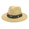 Adults Unisex Retro Western Cowboy Riding Hat Leather Belt Wide Cap Straw Hat Bucket Hats for Teens Girls Beige view 1
