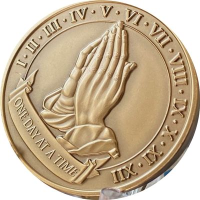 RecoveryChip Praying Hands One Day at A Time Bronze Medallion with 1 2 3 4 5 6 7 8 9 10 11 12 in Roman Numerals
